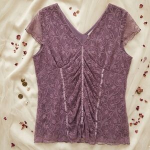 Rickis Mauve Purple Floral Lace Ruched Satin Trim V-Neck Blouse Plus Size XXL